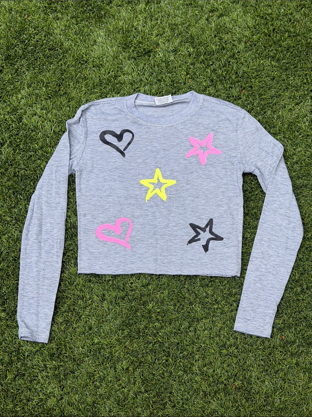 Firehouse Girls' Grey Long-Sleeve Graphic Crop Tee with Pink & Yellow Accents